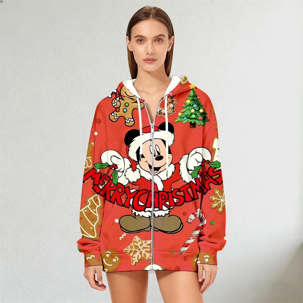

Mickey Mouse Women's Zip Up Hoodie Christmas Gingerbread Tree Print Fall & Winter Fashion Streetwear for Casual Daily Styles