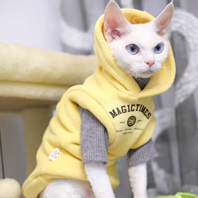 Thick Yellow Fleece Hooded Sweatshirt for Sphynx Cat Grey Short sleeved Coat for Devon in Winter Soft Loungewear for Kittens