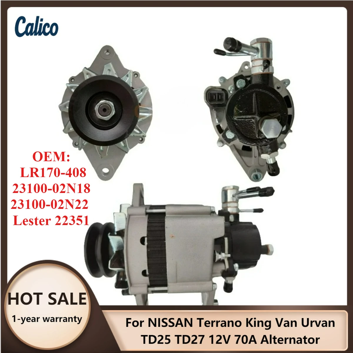 

Hot Selling for NISSAN Terrano King Van Urvan TD25 TD27 12V 70A Alternator LR170-408 23100-02N18 23100-02N22 Lester 22351