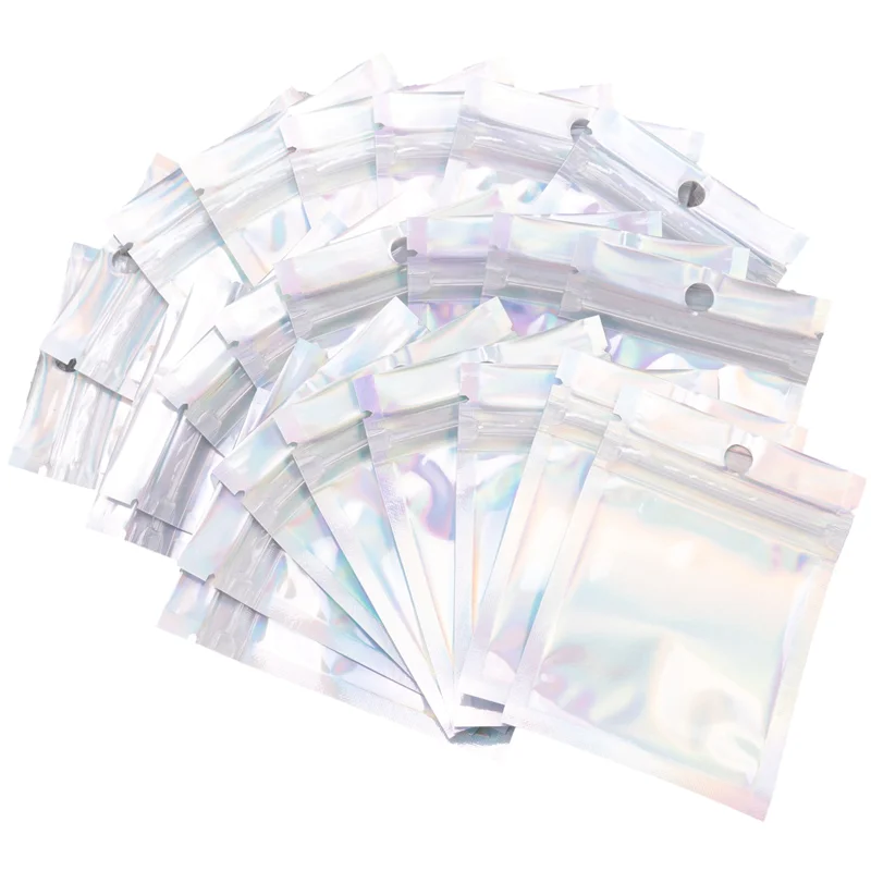 ABJN-200 Stück wiederverschließbare, geruchsdichte Beutel, Folienbeutel, flache Beutel mit Reißverschluss, für Partygeschenke, Lebensmittelaufbewahrung (holografische Farbe).