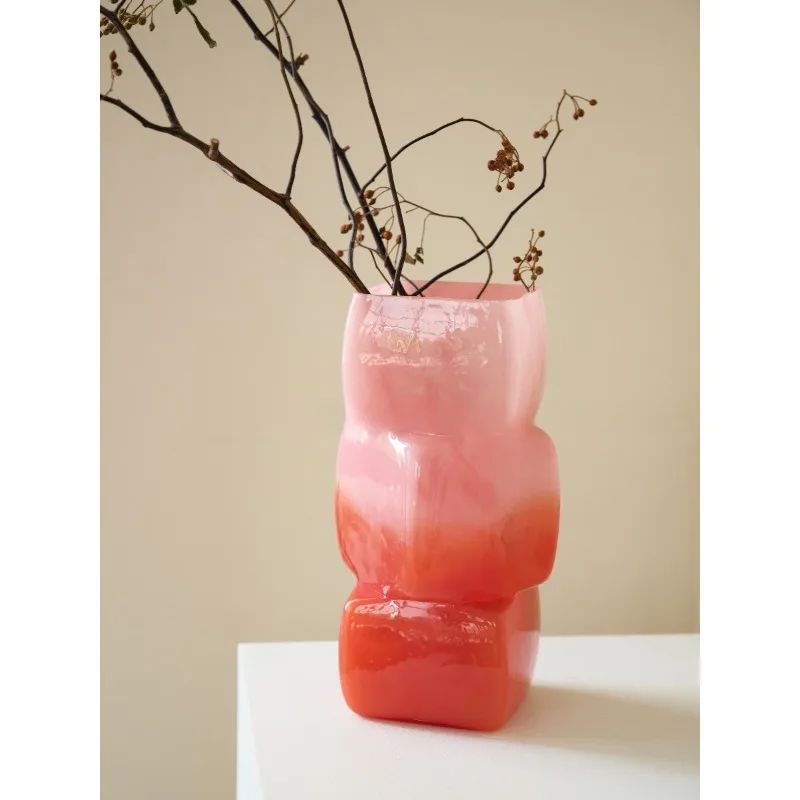 

Red powder gradual change square new Chinese glazed glass vase flower ware advanced atmosphere ornament