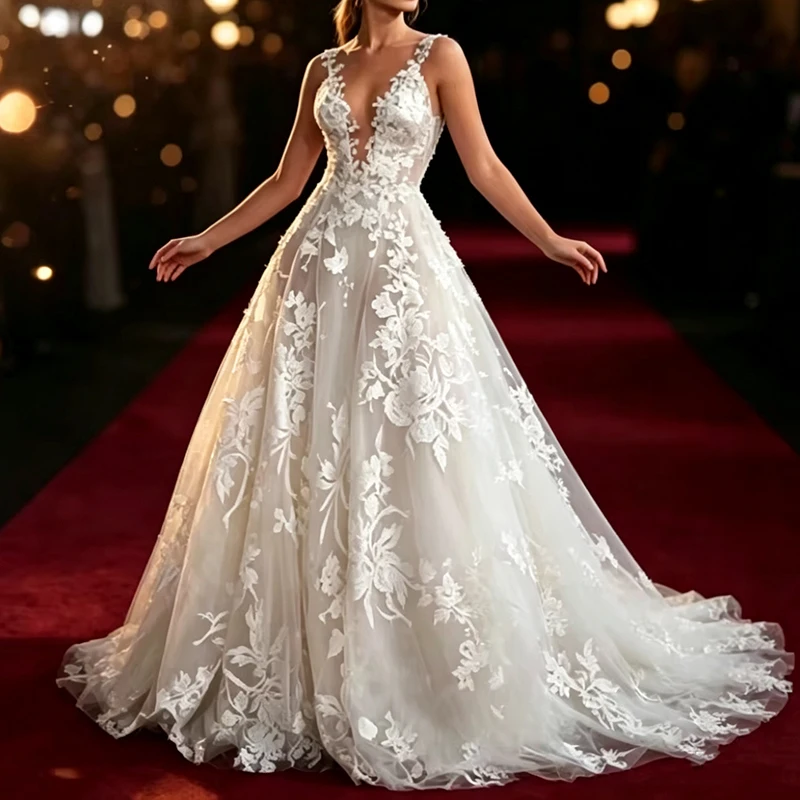 Elegant Solid Color V-neck Evening Dress Temperament Sleeveless Slim Dresses Luxury Organza Lace Embroidery Wedding Party Dress