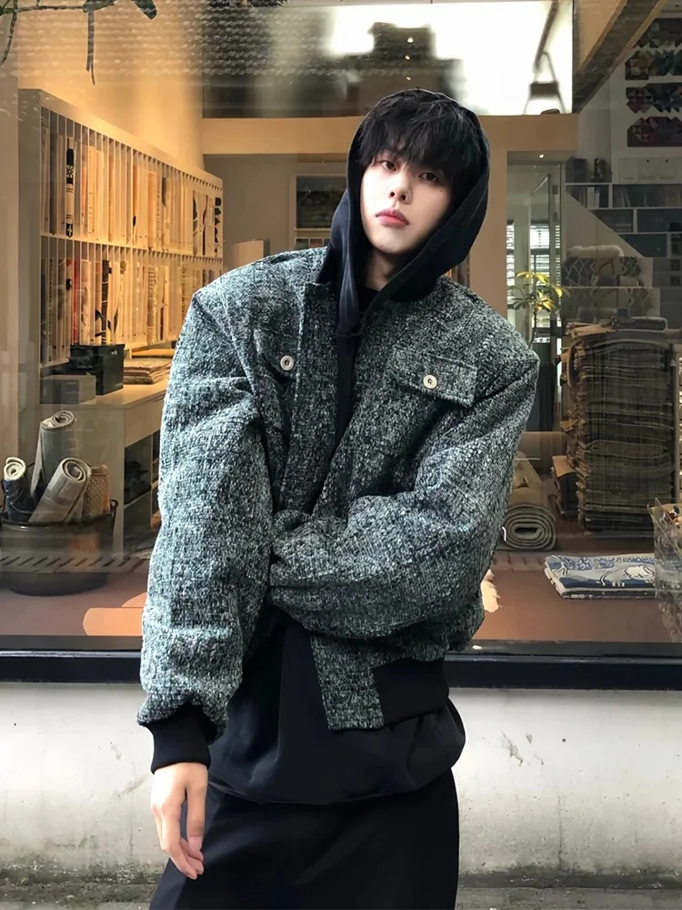 

Fluffy oulder Men's Jaet Autumn Winter Faion Quilted Woolen Coat with kets Anti-Wind Youth Trend Polyester