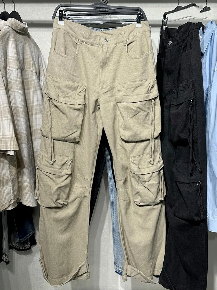 Hot Sale Mens Cotton Multi Pocket Design Casual Pants Fashion Daily Work Long Pant Mid Wiast Loose Fit Chic Full Length Trousers