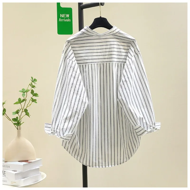 Women's 2024 Summer New Patchwork POLO Collar Striped Pocket Fashion Minimalist Casual Loose Pure Cotton Long Sleeved Shirt