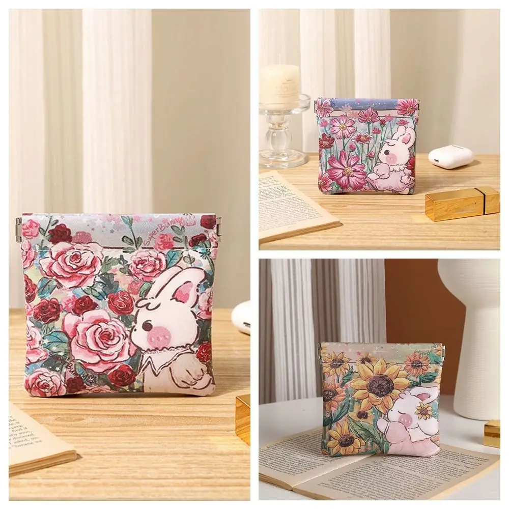 Mini bolsa cosmética de couro PU para mulheres, estampa de flores, fecho automático, armazenamento de batom, fechado automaticamente, porta-moedas, simples