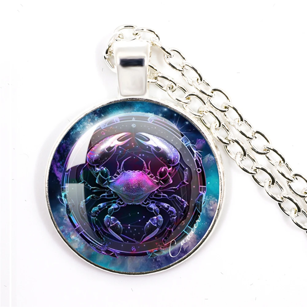 12 الأبراج قلادة السرطان ليو العذراء الميزان زودياك تسجيل الزجاج كابوشون قلادة طويلة قلادة صبي فتاة عيد ميلاد مجوهرات هدية