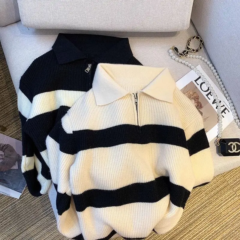 Women Clothing Loose Vintage Polo Collar Striped Sweaters Spring Autumn Fashion Korean Version Zipper Knit Pullovers Casual Tops