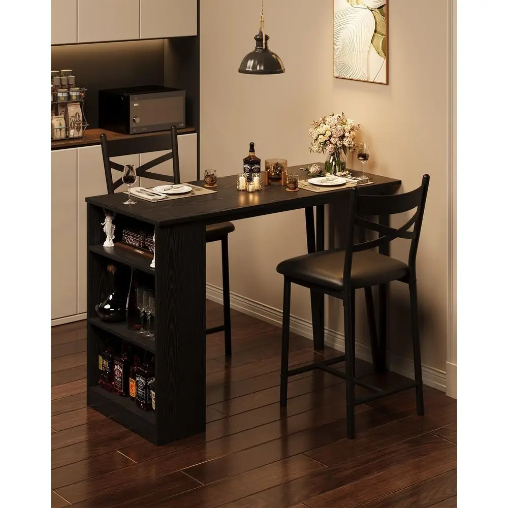 Rozkładany zestaw stołu barowego z 3 krzesłami i miejscem do przechowywania, kompaktowe rozwiązanie do jadalni w małych przestrzeniach, czarny