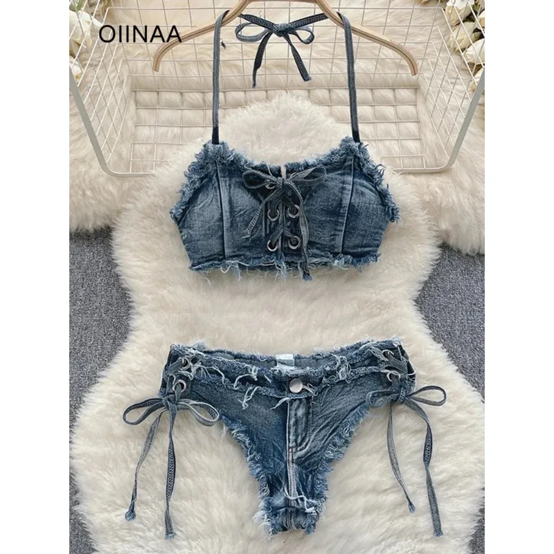 

OIINAA Bathing Suit Women Sexy Denim Suits Bikini Set Lace Up Drawstring Beachwear 2025 Solid Summer Vintage Two-pieces Swimwear