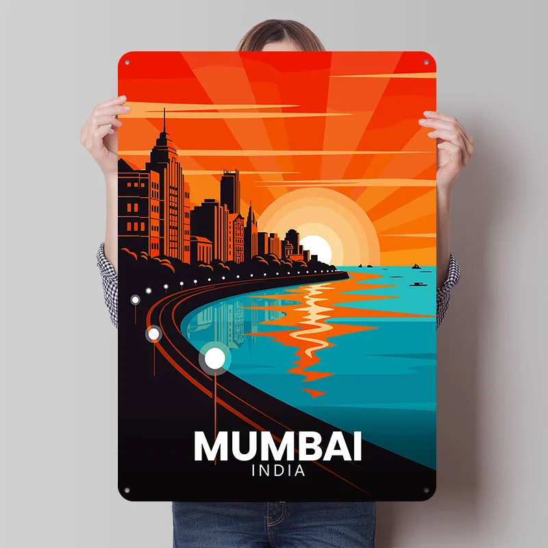 Póster Impreso del Paisaje Urbano de Mumbai, India, Arte Retro Personalizado para Pared, Letreros Metálicos Vintage para el Hogar, Placa Decorativa Personalizada para Casa