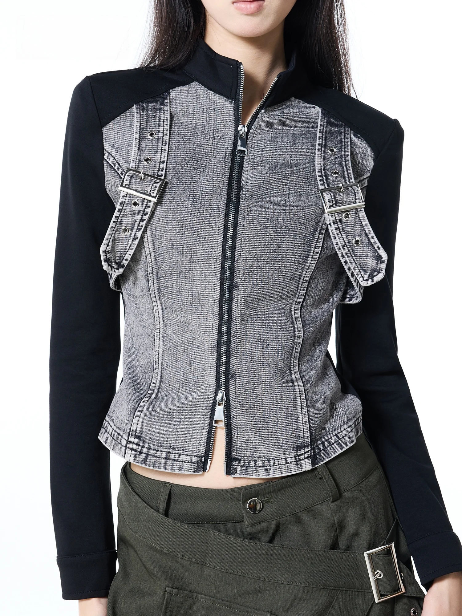 Autumnal Denim Patchwork Knitted Zipper Top High Waist Slimming Functional Design Comfortable Versatile Trendy Women's Jacket