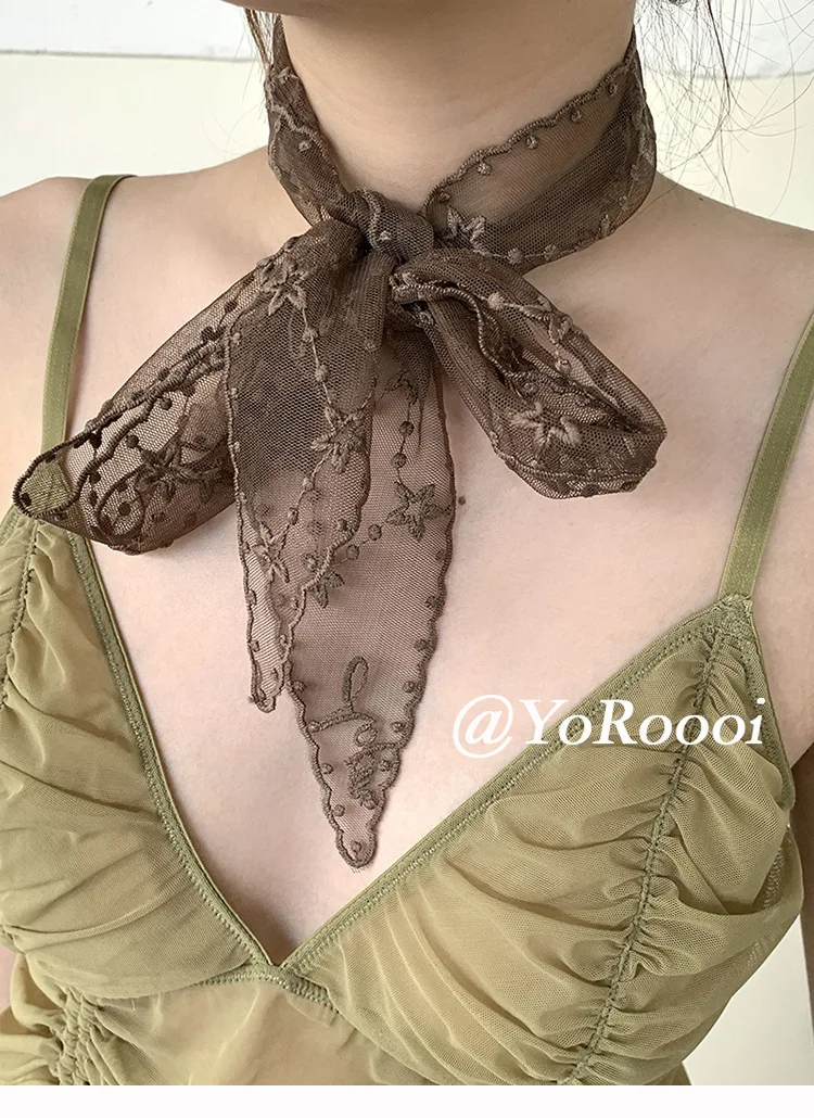 Wiosenno-jesienny cienki koreański retro szal z koronką, długi jedwabny szalik, elegancki, literacki i uniwersalny, w stylu Ins, na ulicę, dla kobiet, typu streamer.