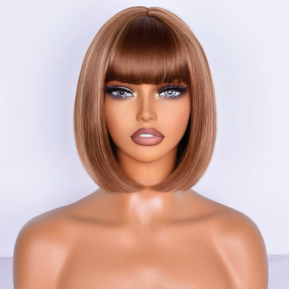 

Bob Short Straight Wigs with Bangs Golden Brown Natural Synthetic Wigs for Women Daily Cosplay Heat Resistant Fiber Wigs