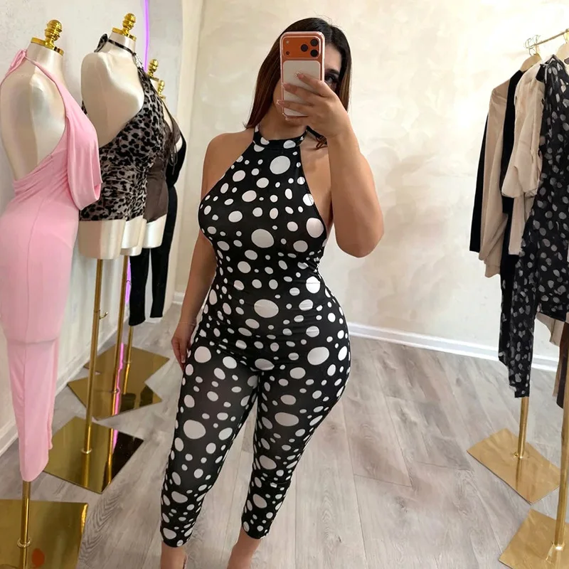 

Polka Dots Print Skinny Calf Length Jumpsuits Women Fashion Sleeveless Lace Up Halter Backless Ruched Peach Hip Slim Overalls