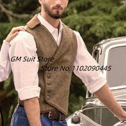 Men's Herringbone Tweed Waistcoat Jacket 5 Button Tailored Collar Suit Vest Wedding Groosmen chalecos