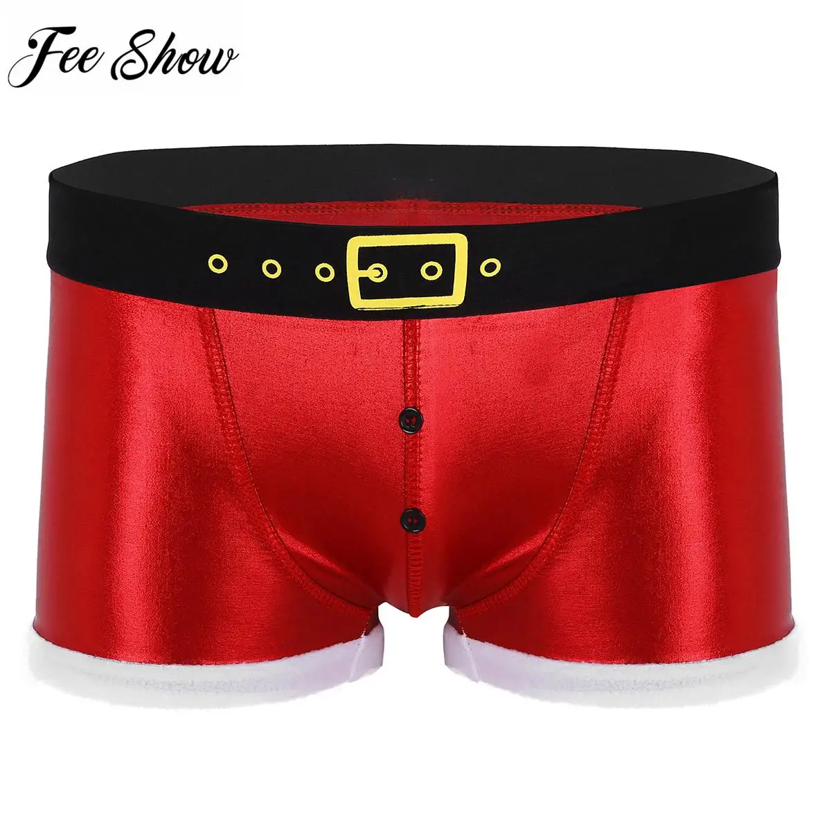 Mens Shiny Metallic Faux Leather Funny Printed Belt Pattern Christmas Holiday Santa Claus Costume Boxer Shorts Clubwear