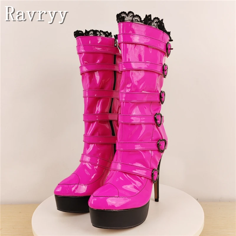 

Rose Pink Platform Mid Calf Boots Women Winter New Belt Buckle High Heels Boots Fashion Gothic Dress Cosplay Shoes