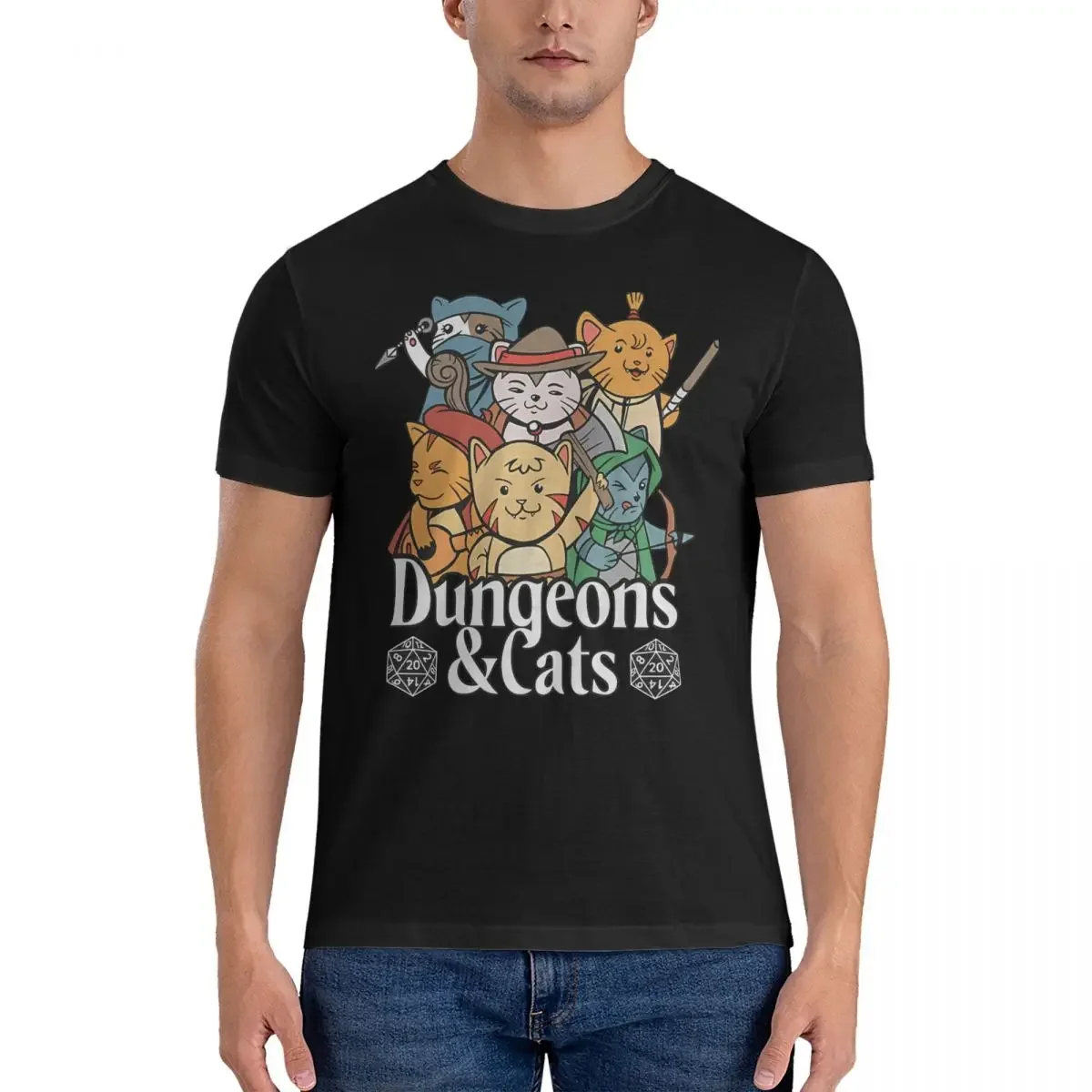 

Humorous DUNGEONNSS AND CATS T-Shirt Men Crewneck Pure Cotton T Shirts DND Short Sleeve Tees Printed Clothes