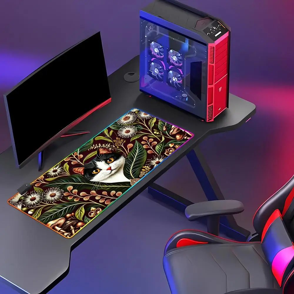 HYBXAXC Vintage Floral Cat Large Mouse Pad  RGB Gaming Mouse Pad HD Gamer Large LED  XXL PC Rubber Desk Mat Waterproof Gaming