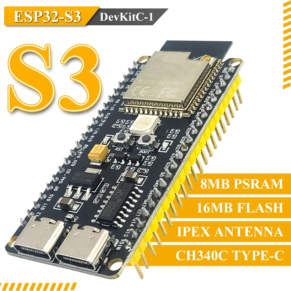 ESP32-S3-DevKitC-1 Development Board BT 2.4G Wifi Module for Arduino 8MB PSRAM 16MB FLASH N16R8 42Pin CH340C Type-C ESP32 S3