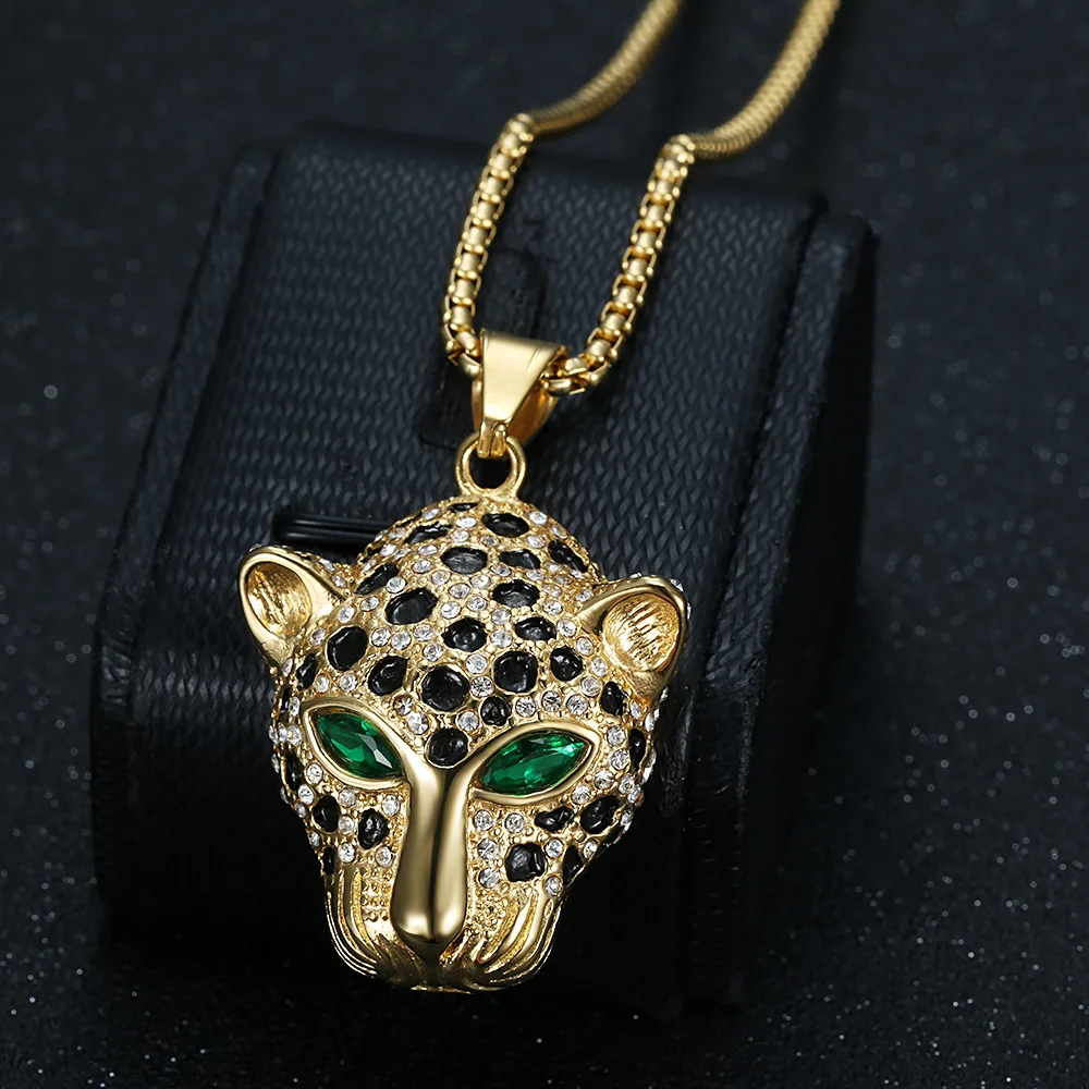 

Men's Leopard Head Pendant Necklace Green Eyes Hip Hop Jewelry Stainless Steel 18K Gold Plated Animal Charms for Women Gift