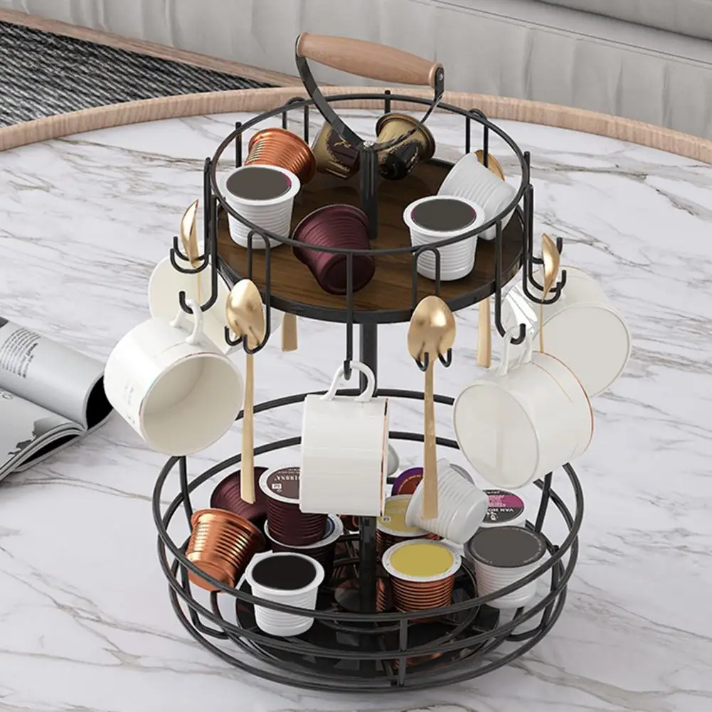 

Стеллаж для хранения, вращающийся двухслойный держатель для кофейных чашек с крючком для организации кухонной столешницы, вращающаяся емкость для хранения