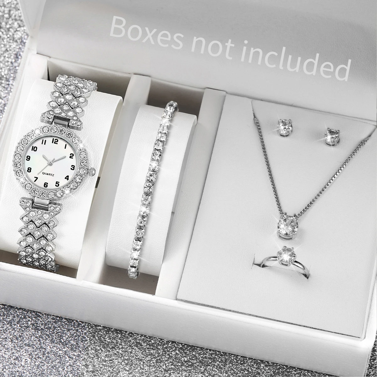 6PCS Women Watches Fashion Rhinestone Arabic Dial Steel Band Quartz Watch Diamond Jewelry Set(Without Box)