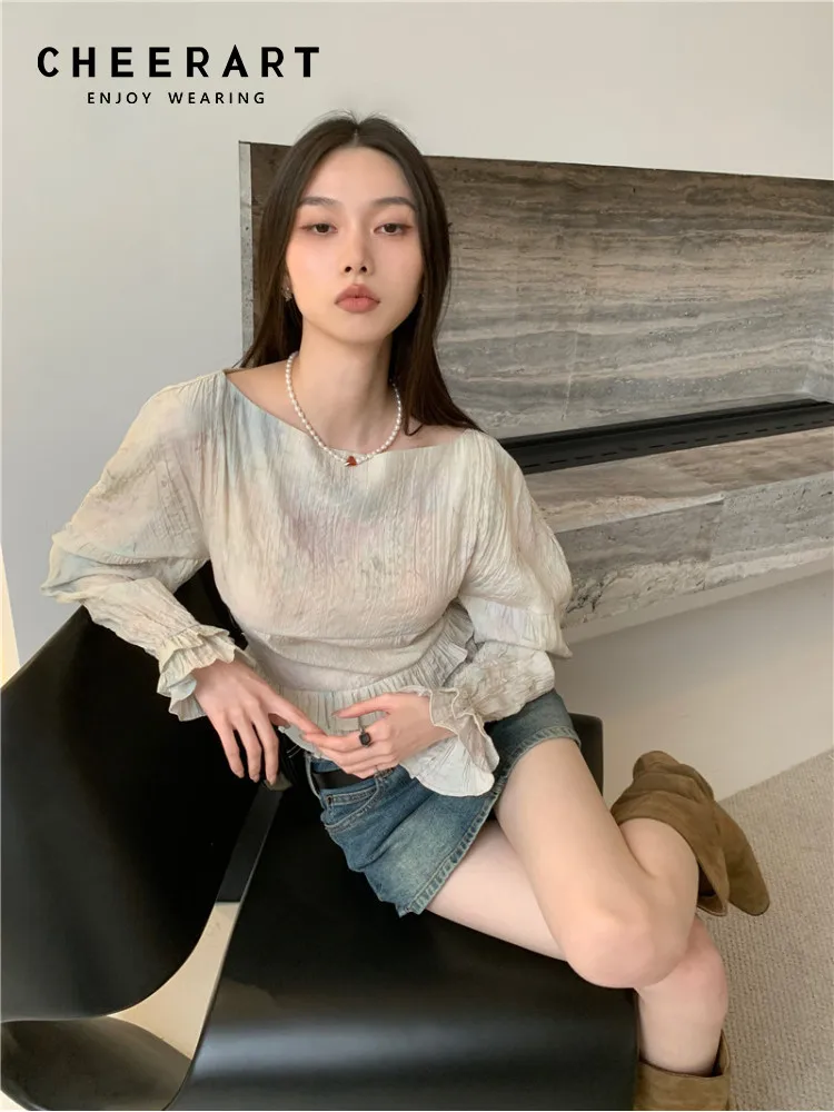 

CHEERART Tie Dye Slash Neck Blouses For Women Fashion 2023 Lantern Sleeve Ruched Ruffles Designer Peplum Top Summer Spring