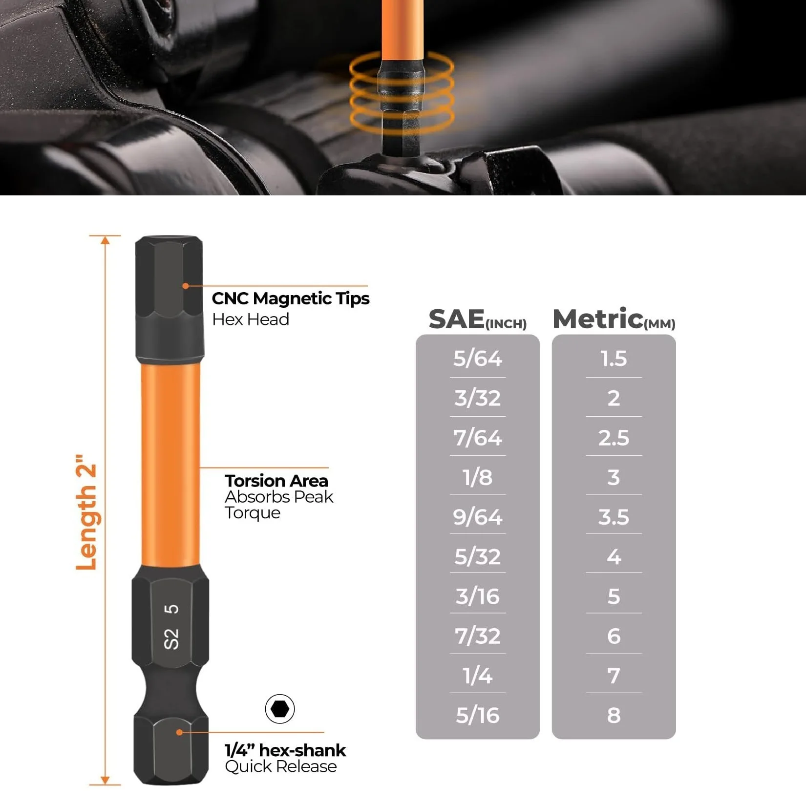 20pcs 50mm Hex Head Allen Wrench Bit Set Magnetic Screwdriver Drill Bit Metric Imperial S2 Steel Electric Drill Hand Tools ﻿