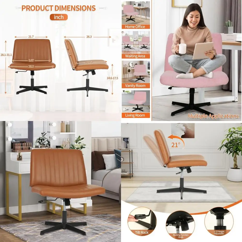 

Adjustable Height Swivel Makeup Chair with Wide Seat and Backrest, Brown Armless Office Chair