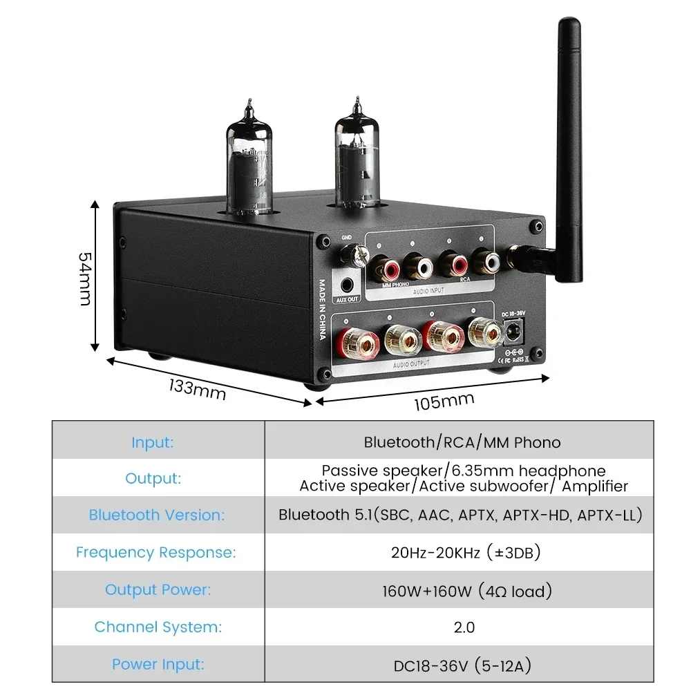 Audio T5 Stereo Phono Amplifier BT QCC3034 Aptx-hd Receiver Mini HiFi Amp for Turntable Phonograph Preamp 160Wx2