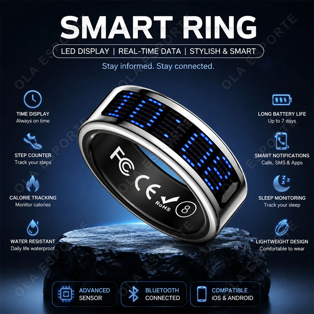 Gesundheits-Smart-Ring mit Herzfrequenz-, Blutsauerstoff- und Schlafüberwachung, LED-Display, wasserdicht, Sport-Schrittzähler-Ring für Android und iOS