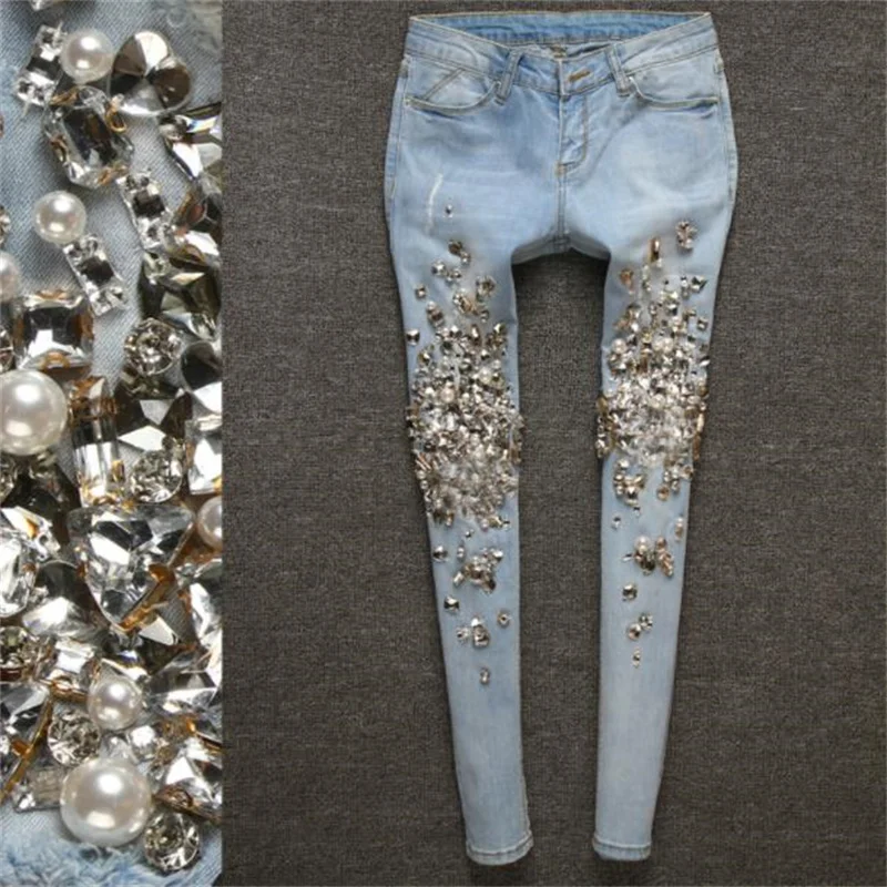 Women Rhinestones Diamond Denim Jeans Skinny Stretch Pencil Slim Vintage Casual Pants