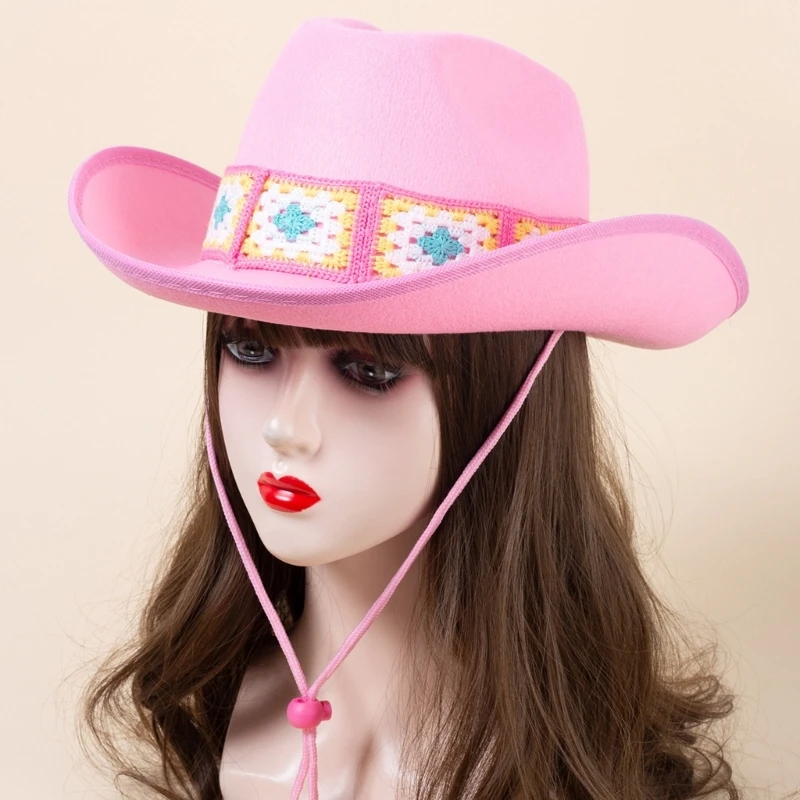 Crochet Flower Pattern Cowboy Hat with Chin Strap for Woman Model Show Hat Drop Shipping