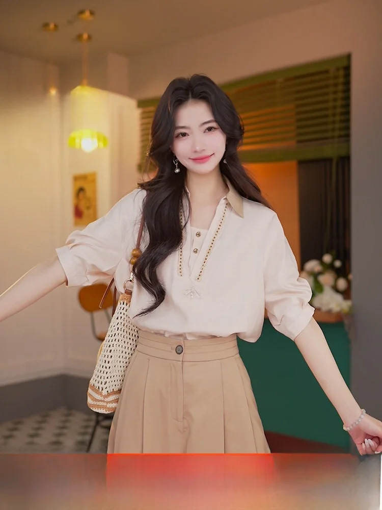 

Ding Jiaxin Sweet Cone Summer ort Sve Women's irt 2025 New ular Beautiful Blouse Loose Fit Splice Regular Sve