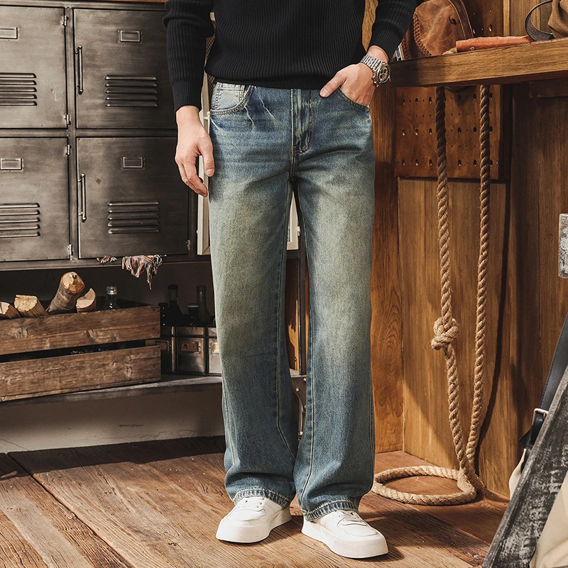 Men's Vintage Washed Distressed Straight Jeans Wide Leg Denim Trousers Casual Streetwear Classic Blue Long Pants for Men N1003