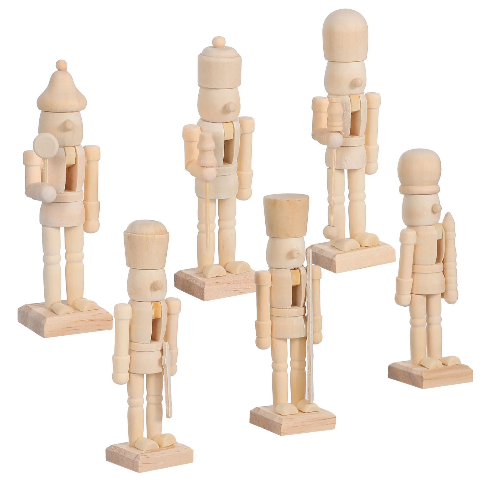 

6 Pcs Unpainted Wooden Nutcracker Dolls Christmas Soldiers Mini Figures Smooth Fine Craftsmanship Premium Wood Decor