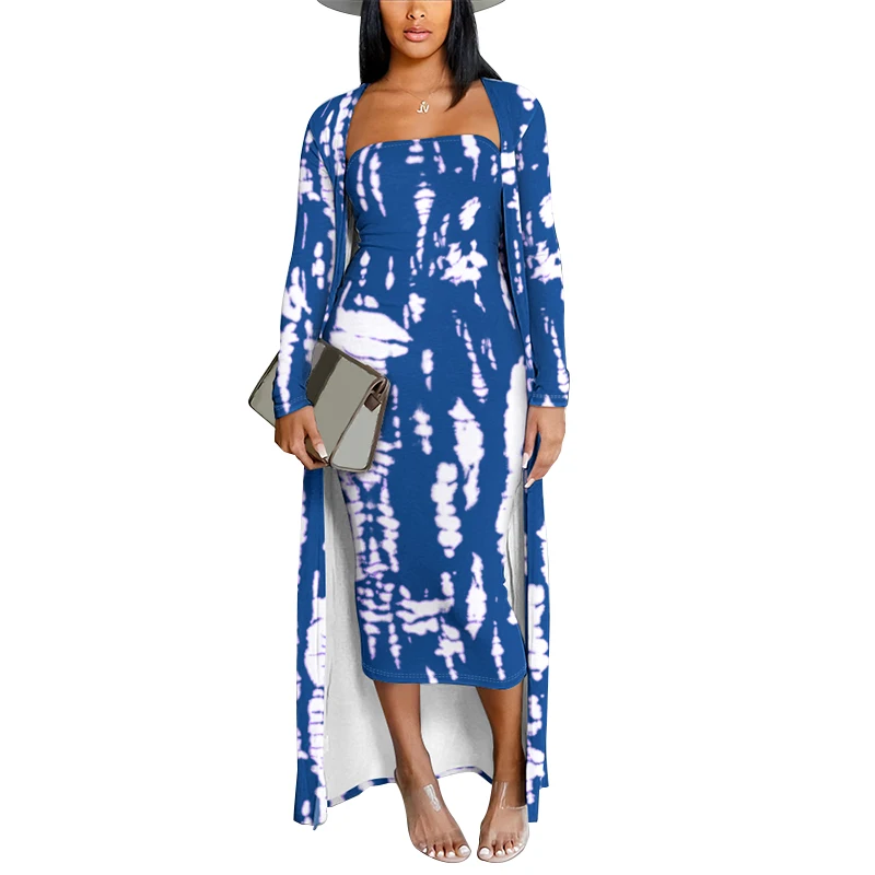 2PCS Elegant Pretty Women\'s Dresses 2024 Autumn and Winter New Fashion and Sexy Tie Dye Print Bodycon Dress with Longline Coat