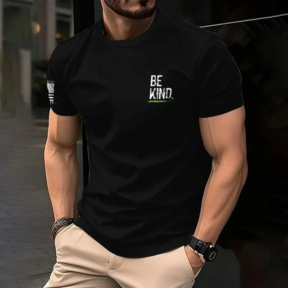 2026 New Men BE KIND Letter Print T-shirt American Flag Short Sleeve Tees Summer Daily Kindness Street Casual Basic Tops