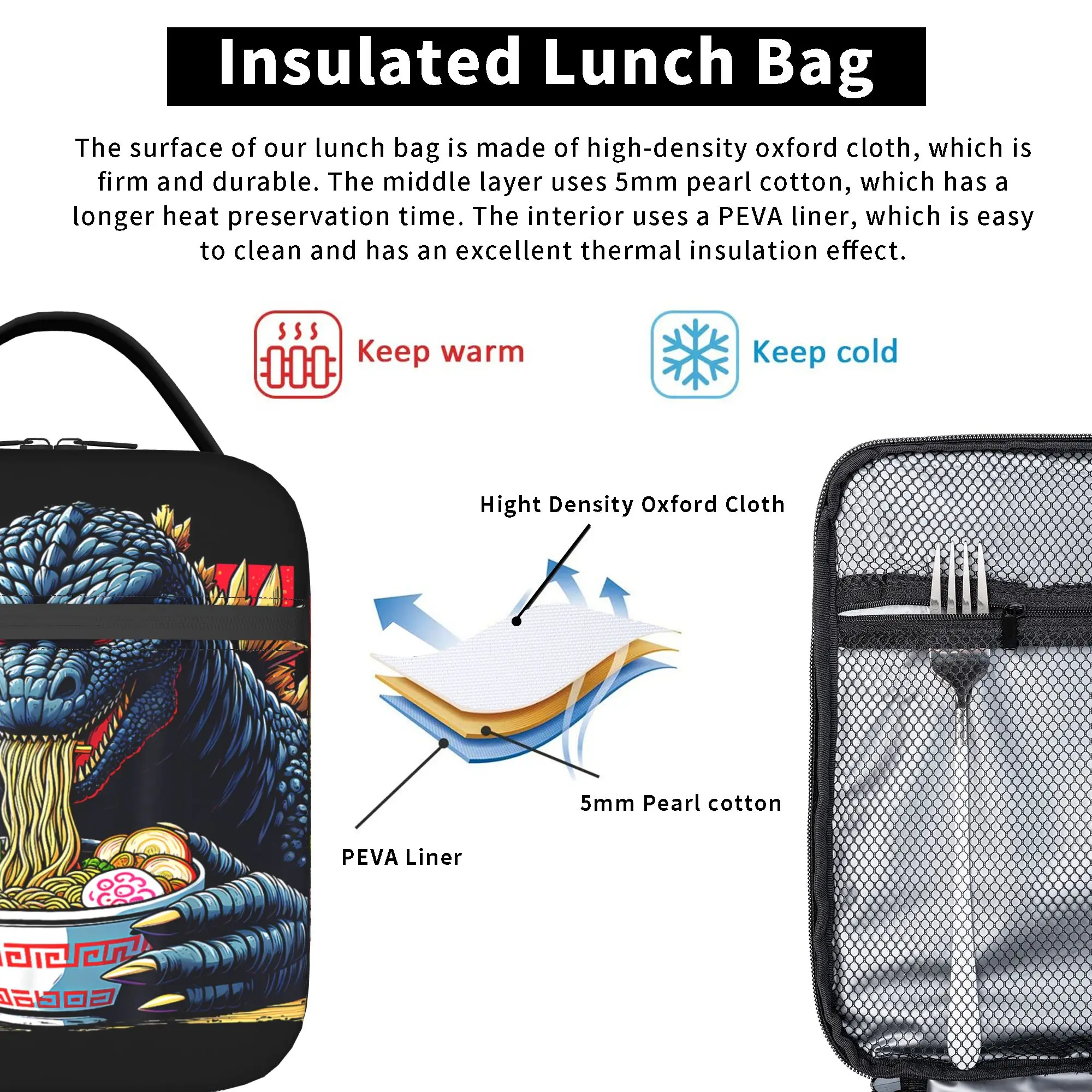 Godzillaed Lunch Bag Picnic Portable Lunch Box For Women  Oxford Print Cooler Bag Back To School - view 4