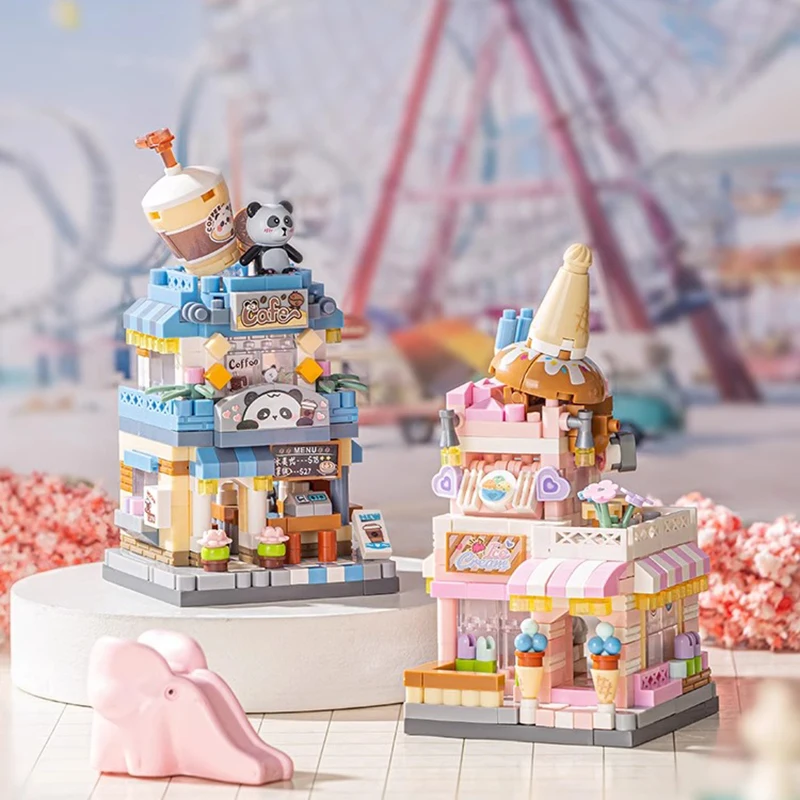 Genuine Restaurant Dessert Coffee Pet Fruit Store Street View Food House Building Blocks Kit Girls Bricks Model Child Cute Gifts