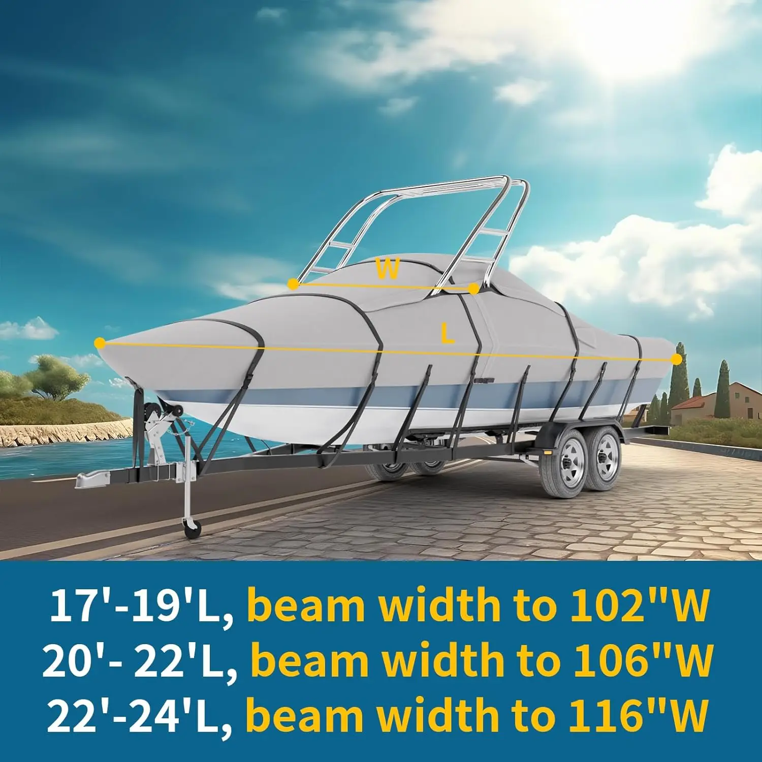 Cubierta impermeable teñida para barco con torre de esquí y pizarra, totalmente 11 + 6 correas a prueba de viento y cubierta para Motor, compatible con ancho de haz de 17'-19'L a 102 "W Tr