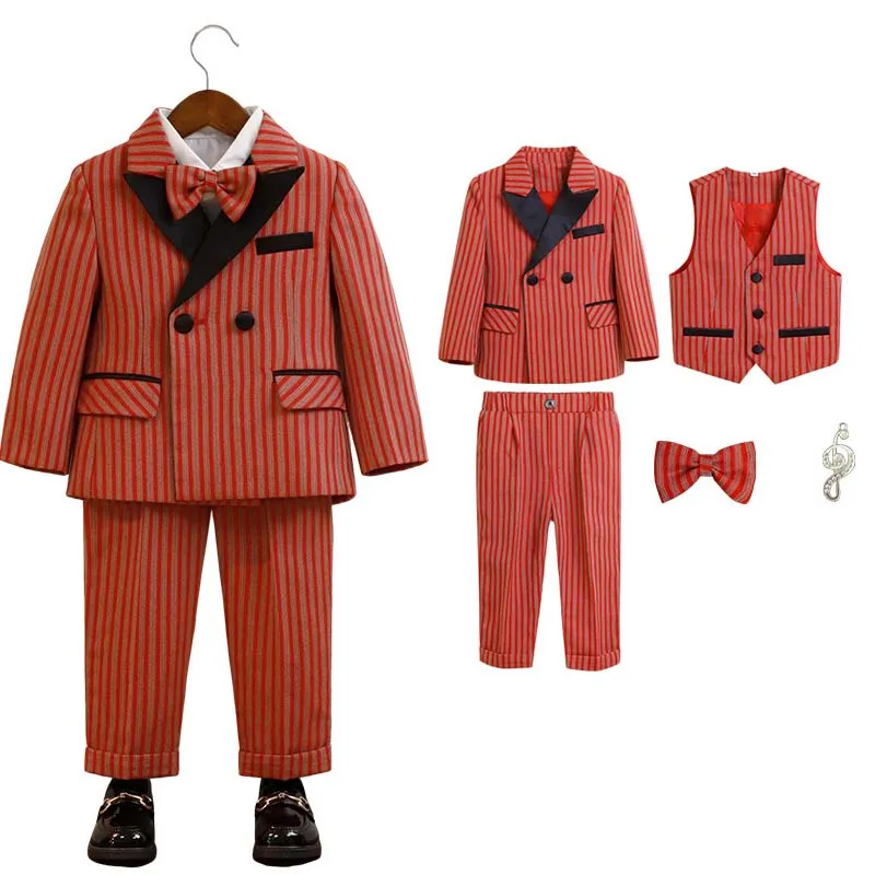 Boys Jacket Vest Pants Bowtie Brooch Luxurious Birthday Dress Children Pinao Violin Photograph Suit Kids Wedding Performance Set