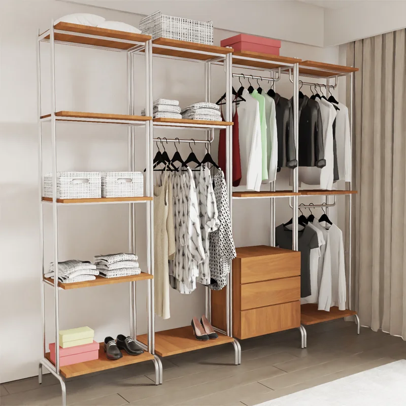 rw-Metal solid wood coat rack floor-to-ceiling bedroom walk-in open wardrobe floor-to-ceiling hanger shelf metal frame-