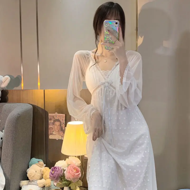 Nightgowns Women Chic Lace Elegant Sexy Breathable Korean Style Home Sleepwear Summer V-neck Long Sleeves Popular Cozy Ins New