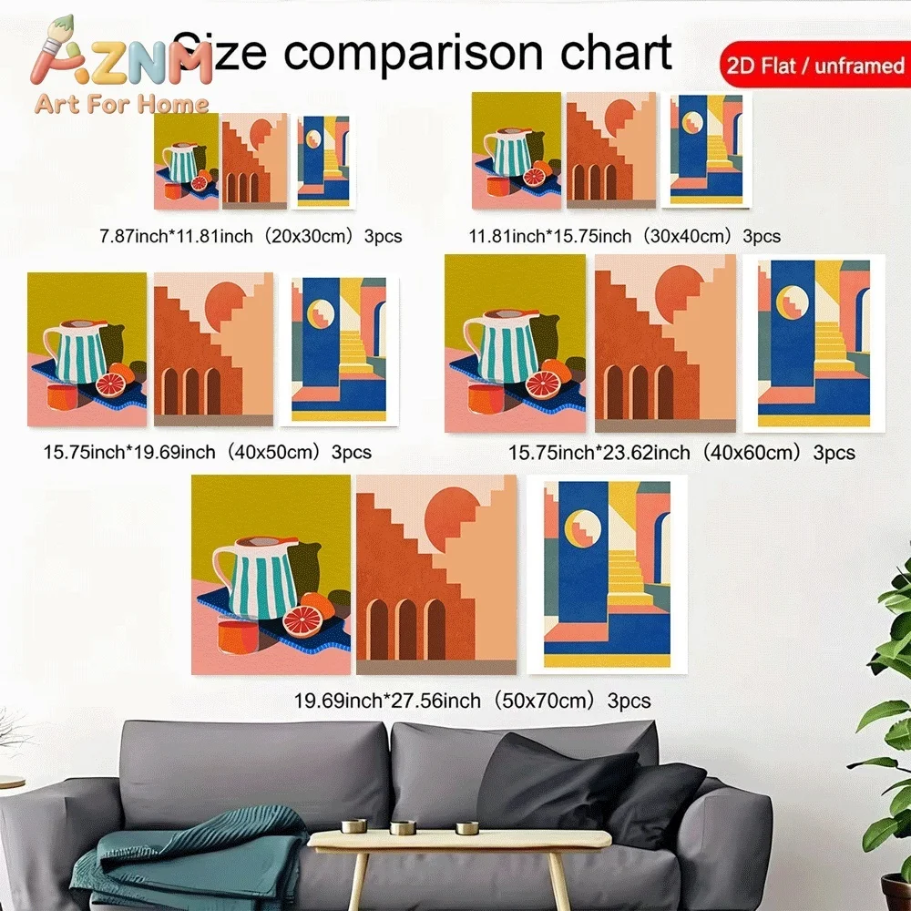 3pcs Unframed Canvas Wall Art Abstract Still Life Fruit Geometric Arch Building Posters Prints for Living Room Bedroom Home Deco