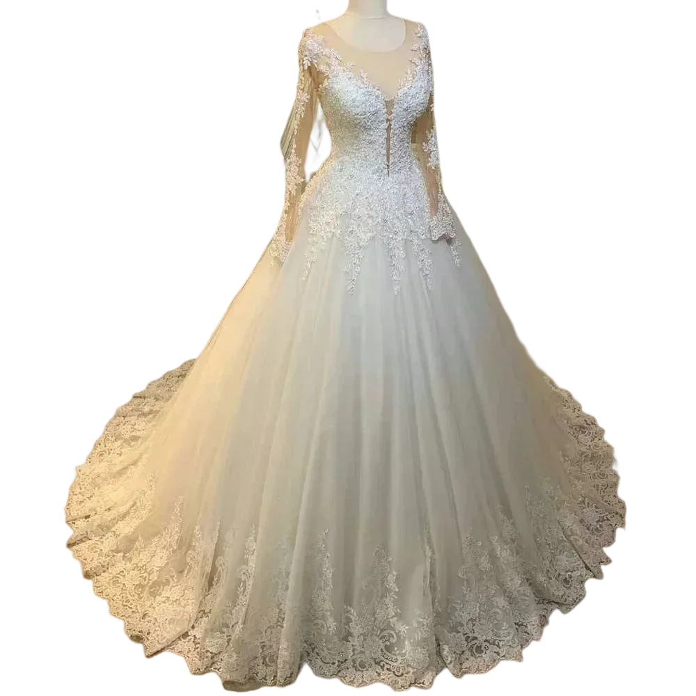 Maßgeschneidertes modisches Ballkleid-Hochzeitskleid mit langen Ärmeln, Vestidos De Noiva, Spitzenapplikationen, Sweep-Zug, formelles Brautkleid