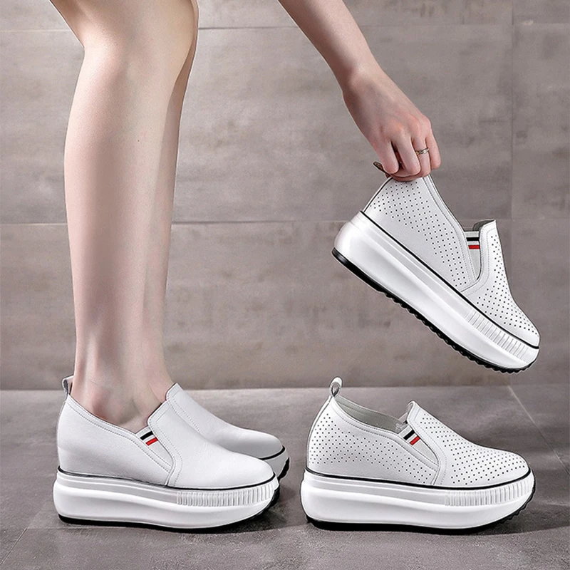 New Arrival Spring Summer Genuine Leather Shoes Women Fashion Sneakers Height Increasing 8cm White Shoes Thick Sole D125