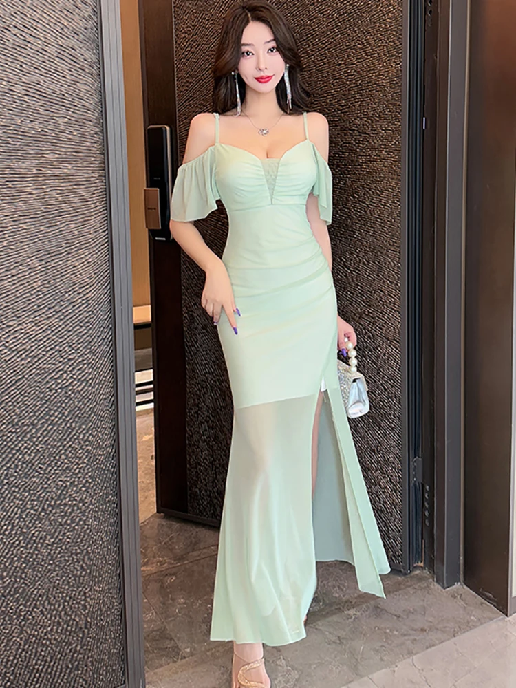 Damska Zielona Sukienka z Siateczki, Odkryte Ramiona, Seksowna Sukienka na Ramiączkach, Długa Sukienka Letnia Elegancka Codzienna z Rozcięciem, Koreańskie Sukienki Vintage Luksusowe na Imprezę Vestidos 2025